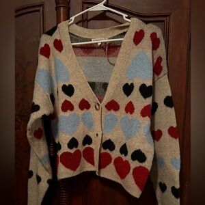 Free The Roses Multicolor Heart Patterned Cardigan Sweater